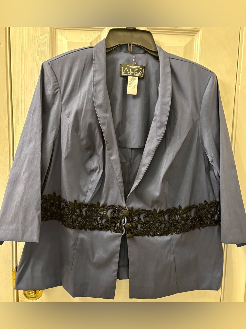 Alex Evenings Slate Blue Blazer with Black Floral Waist Trim